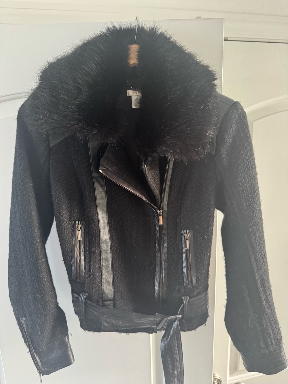 Vintage CACHE Black Women's Faux Fur Collar moto Jacket